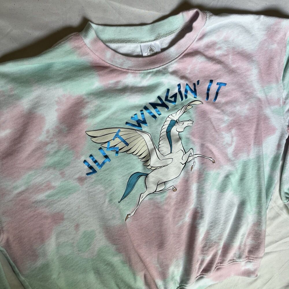 Disney Hercules Pegasus Just Wingin It Tie Dye Sweatshirt Pink Mint Women XL